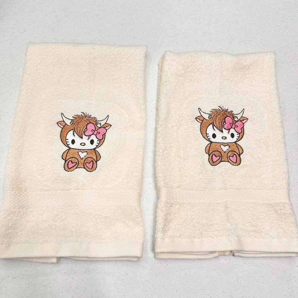 Hello Kitty Highland Cow Towels Embroidered Hand Towel Set Pink Beige Bathroom